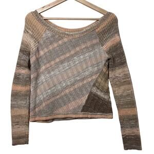 Free People Crop Knit Sweater Wool Blend Marled Stripe Coral Pink Brown Beige